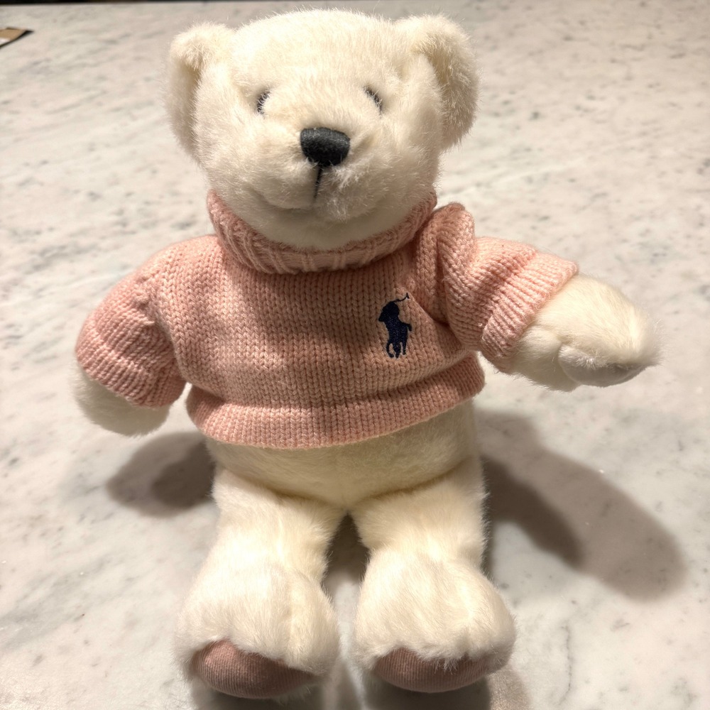 Ralph Lauren Romance Plush Teddy Bear Pink Knit Turtleneck Sweater Cream White